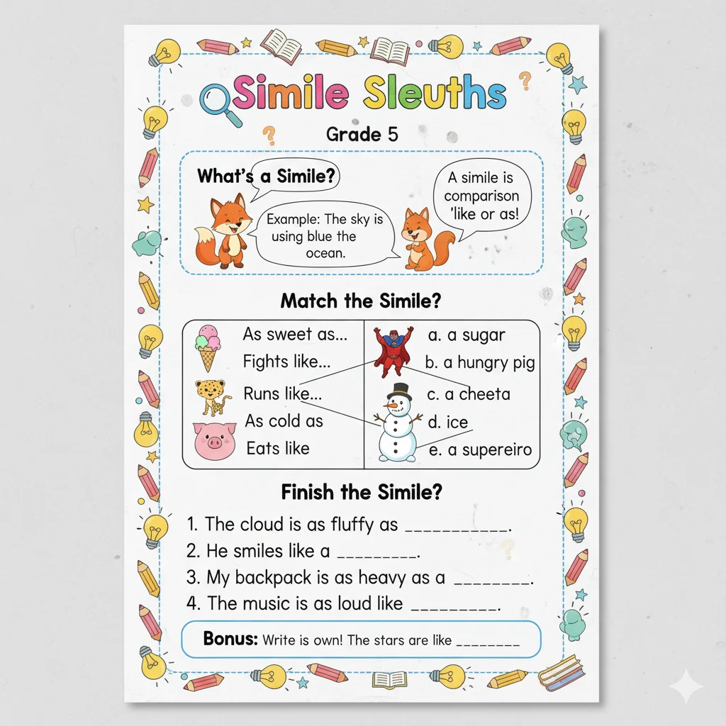Worksheet on Similes for Grade 5