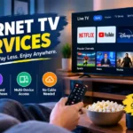 Internet TV services displayed on a smart TV with live channels, movies, sports, and streaming options.