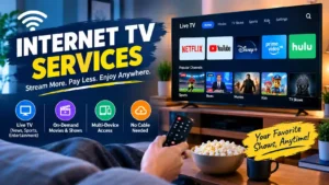 Internet TV services displayed on a smart TV with live channels, movies, sports, and streaming options.